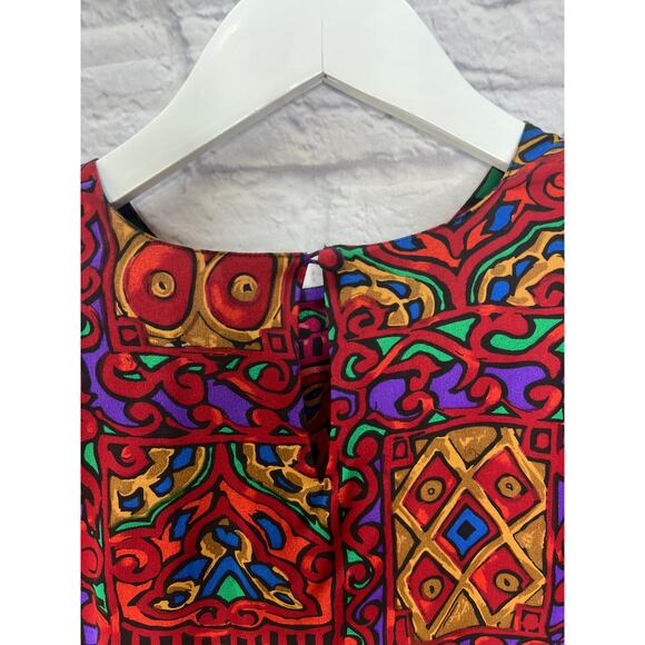 Vintage Christie & Jill Short Sleeve Silk Blouse Red Loud Print 90s Keyhole M - Picture 5 of 7